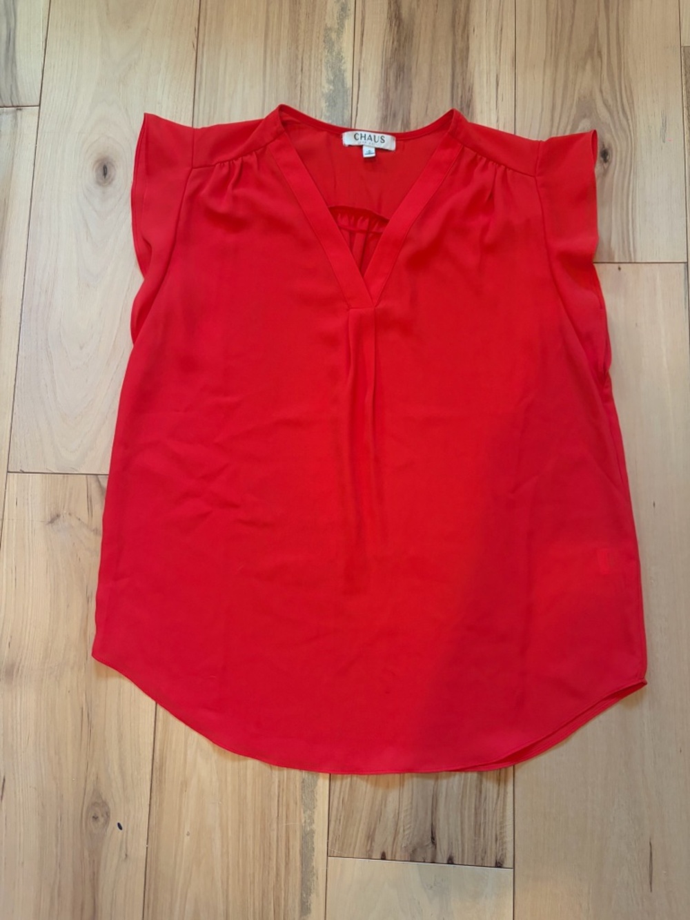 Chaus New York Red V-Neck Flutter Sleeve Pleated Blouse Size S